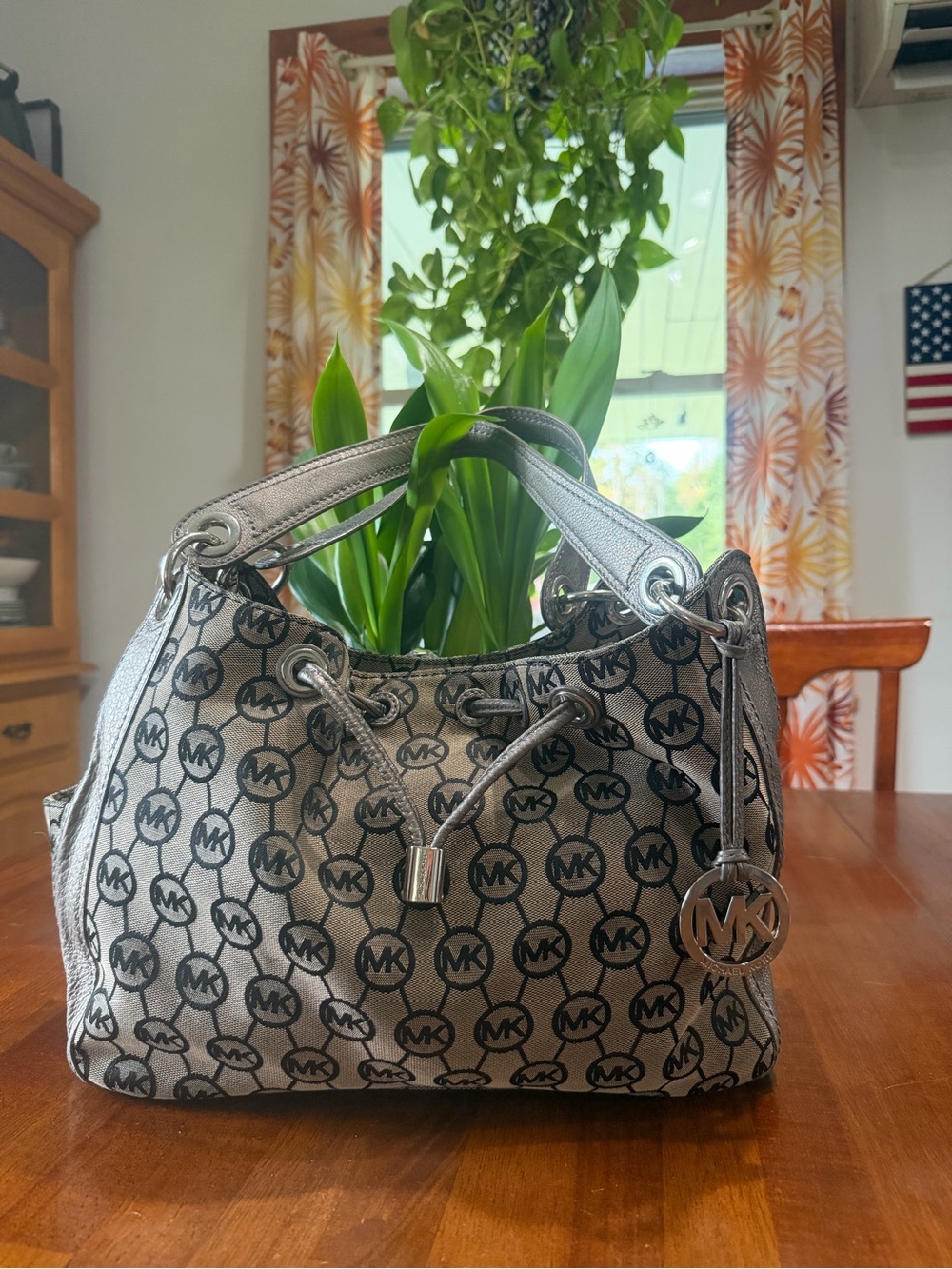 Michael Kors Silver and Black MK Logo Drawstring Shoulder Bag